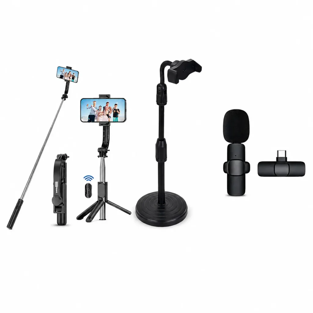 Content Creator Combo with 5ft Selfie Stick Tripod, 1ft Mobile Stand and K8 Wireless Microphone for YouTube, Facebook Live, TikTok and Vlogging