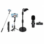 Content Creator Combo with 5ft Selfie Stick Tripod, 1ft Mobile Stand and K8 Wireless Microphone for YouTube, Facebook Live, TikTok and Vlogging
